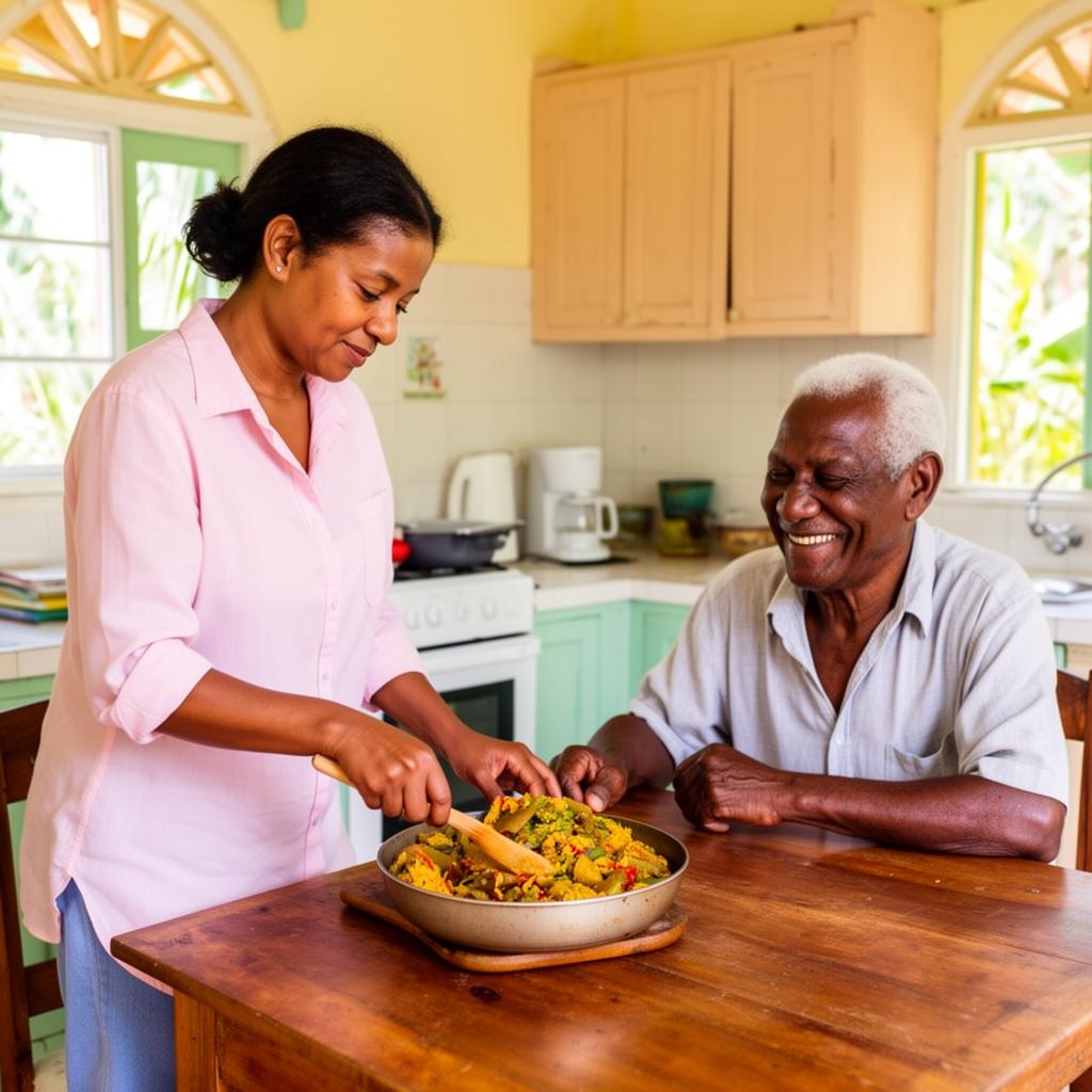 Aidante préparant un repas créole avec un homme âgé souriant